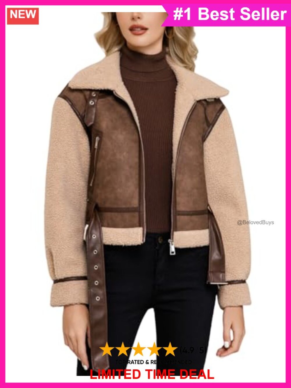 Faux Leather Jacket Patchwork Fur Sherpa Lined Coat
